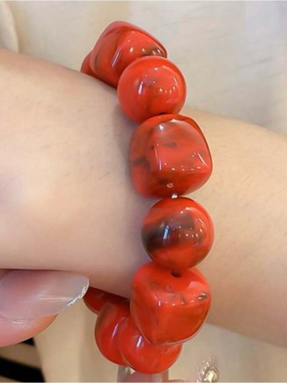 Red Beaded Stretch Bracelet - Polished Chunky Beads